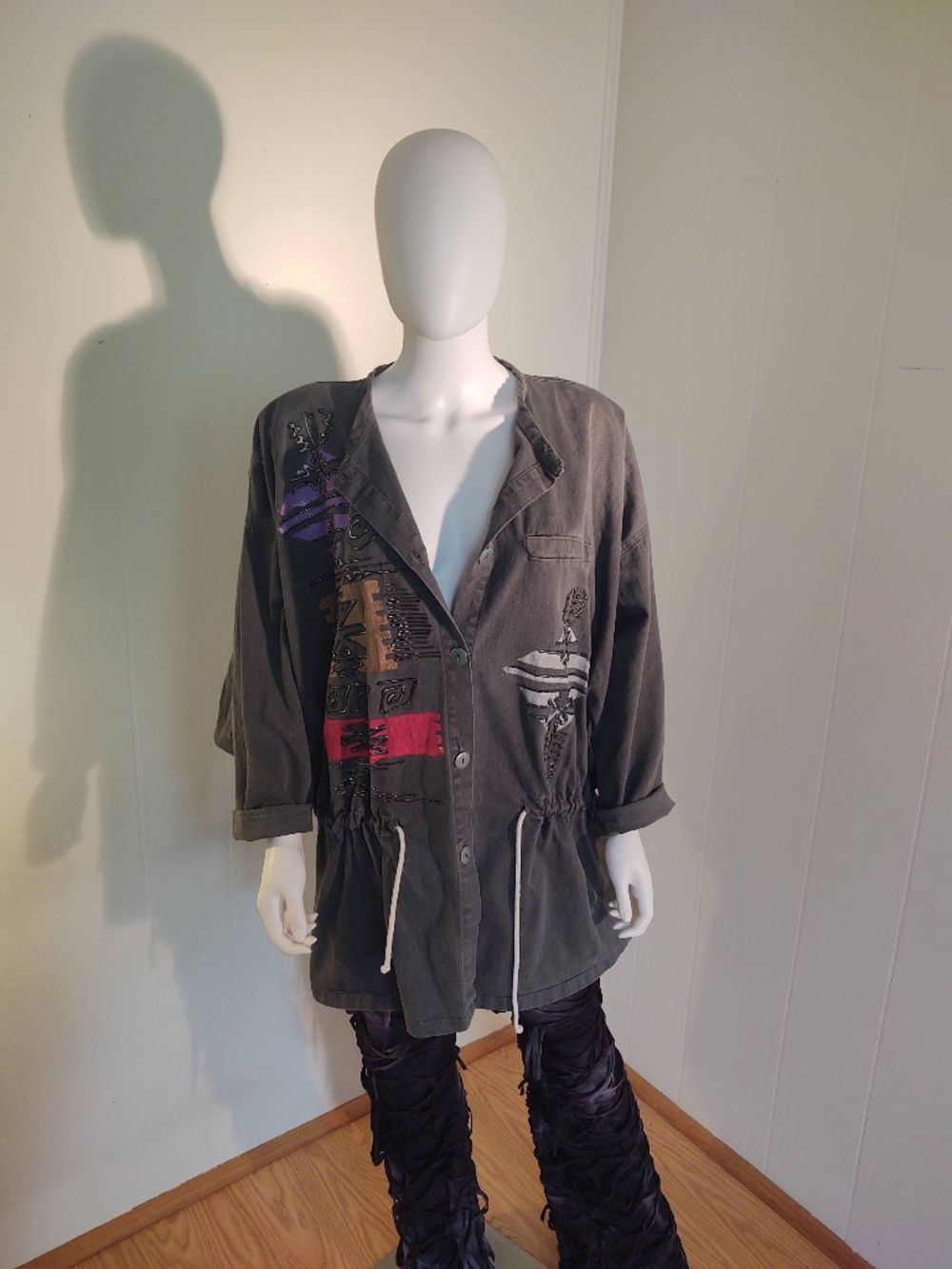 VTG Fixsun Casual O/S 80s Gray Dolman Sleeve Jacket Shoulder Pads, Puff Paint